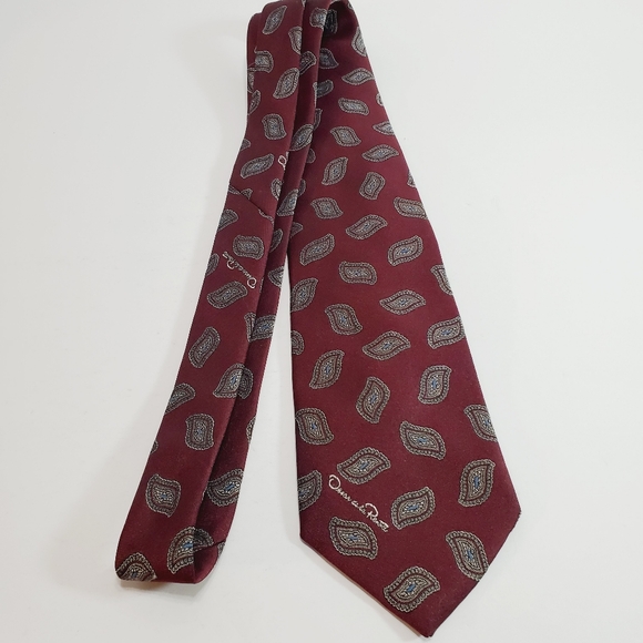 Oscar de la Renta Necktie Burgundy Geometric Pattern Studio Collection 57x3.5" - Picture 2 of 5